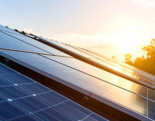 Solar Panel Array under Sun: Capturing the gleam of the sun and energy of innovation with an array of solar panels installed on the rooftop, transforming sunlight into a renewable energy source.