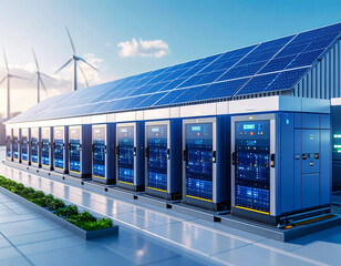 Eco-Friendly Power Station: A cutting-edge power station, harnessing the dual power of solar panels and wind turbines, showcases sustainable energy generation and environmental responsibility. 