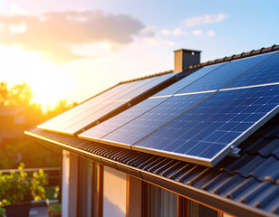 Sustainable Solar Energy: A house adorned with solar panels, basking in the golden sunlight, symbolizes the dawn of eco-conscious living and the power of renewable energy.