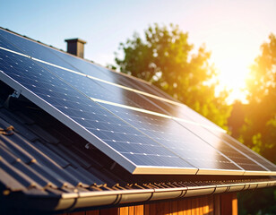 Harnessing Sunlight: Solar panels, positioned on a roof, convert sun's radiant energy into clean, sustainable power, representing green and eco-conscious energy