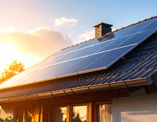 Solar Panels on House Roof: Sun-drenched home with solar panels installed, showcasing clean energy and sustainable living. The warm sunset casts a golden glow.