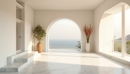 Bright interior with arch window, marble floor, and plants in vases.