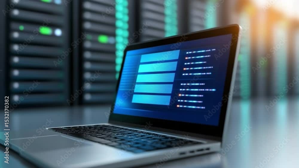Aufkleber Data Center in Action: A modern laptop, displaying data processing, rests in a sleek data center with server racks, representing the core of technological infrastructure and secure data management.