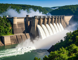 Hydro Power Marvel: Captivating view of a massive hydroelectric dam, a symphony of engineering and nature harmoniously coexisting, with water cascading powerfully.