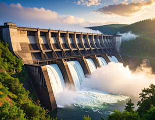 Hydroelectric dam under Sunlight: A majestic dam in a scenic valley generates clean energy with cascading waterfalls, showcasing hydroelectric power and ecological balance.