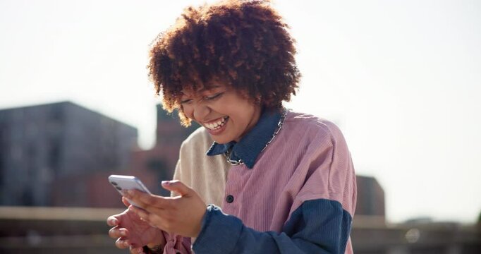 Phone, smile and woman with emoji for online dating, social media and love interest in city. Mobile, typing and person with app for heart icon, romantic message or reading funny meme with overlay