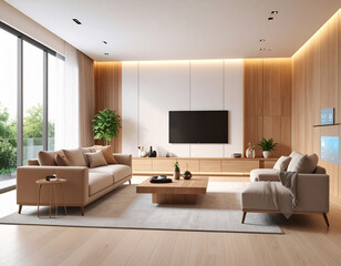 Serene Modern Living Room: A beautifully designed, contemporary living space that exudes tranquility and comfort. Features a neutral color palette with stylish furniture, ample natural light.