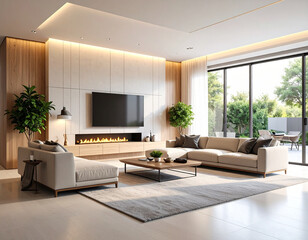 Modern Living Room Interior Design: A sleek, contemporary living room design, showcasing a minimalist aesthetic with natural light, elegant furniture, and a seamless connection to the outdoors.