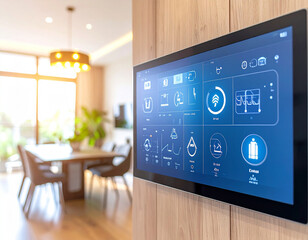 Smart Home Control Panel: A sleek, wall-mounted touch screen panel showcasing intuitive controls for a modern, connected home, blending technology and comfort in a contemporary living space.
