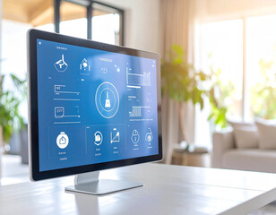 Smart Home Interface: A modern desktop computer displays a sleek, interactive interface showcasing smart home technology, highlighting energy efficiency, home automation, and convenient living.