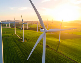 Wind Energy Panorama: A sprawling field of wind turbines, their massive blades turning, harness the power of the wind under a dramatic sky. Capturing the essence of renewable energy.