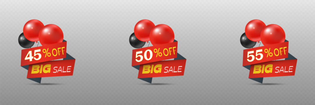 Big sale red banner with beautiful balloons and offers.