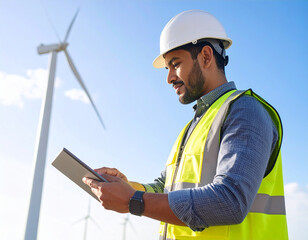 Wind Energy Technician: An engineer stands proudly, examining a tablet while a towering wind turbine looms large in the background, symbolizing renewable energy and technological advancement.
