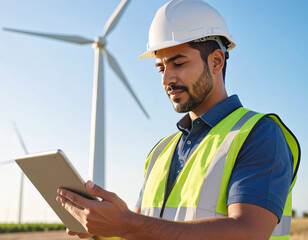 Wind Energy Technician: A focused male engineer examines data on a tablet, standing amidst a wind farm on a sunny day, showcasing the clean energy sector's technological advancements. 