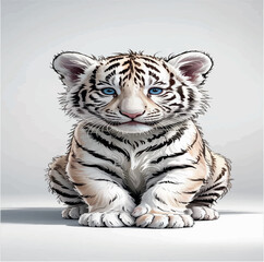 Fototapeta premium wild, illustration, nature, graphic, design, cute, tiger, drawing, feline, wildlife, cub, cartoon, character, happy, sitting, predator, vector, cat, mammal, young, animal, white, kitten, adorable, com