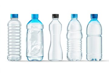 Transparent plastic water bottles with blue caps, various sizes showcasing practical beverage packaging isolated on white background