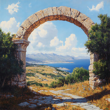Fototapeta Vibrant sky seen through classic arch by ocean high resolution picture