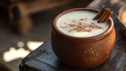 Creamy Rice Pudding with Cinnamon Sticks in a Rustic Bowl © Mrs. Studio