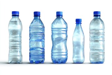 Transparent plastic water bottles with blue caps, various sizes showcasing practical beverage packaging isolated on white background