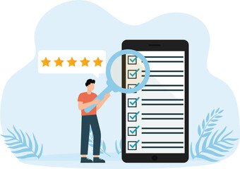 . Person Character Fill Test on Customer Survey Form. The man ticks the checklist. Customer Experience and Satisfaction Concept

