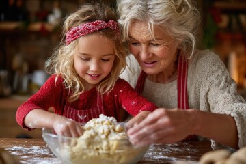 Grandmother and granddaughter baking together in a cozy kitchen during lovely afternoon hours