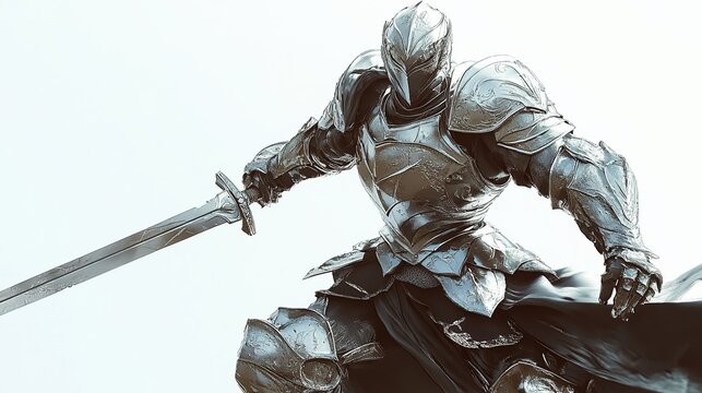 A formidable, silver-armored knight, wielding a long sword, is depicted in a dynamic pose against a bright, minimalist background.  His armor is detailed