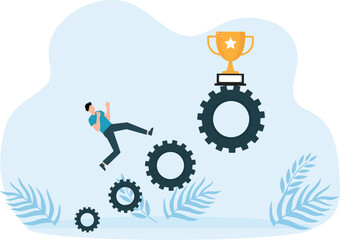 Flat style vector illustration, business concept. Reaching the goals of the businessman climbing the ladder of success. Professional growth, self-confidence, determination and clear motivation.

