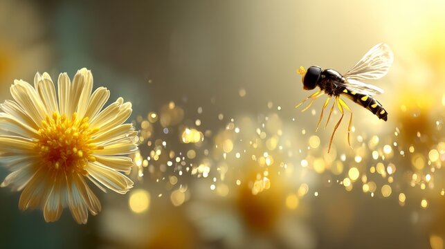 Hoverfly flying near a yellow flower with glowing bokeh background in warm sunlight - Powered by Adobe