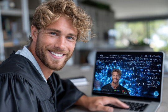 Graduate in black robe smiles while attending an online class at home during daytime