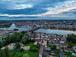 Twilight over Libourne from a drone, Gironde, Nouvelle-Aquitaine, Saint-&Eacute;milion and Pomerol, Southwestern France, Europe
