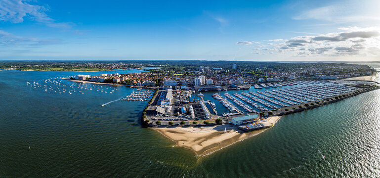 Marina and Beach in Arcachon from a drone, Arcachon, Gironde, France, Europe