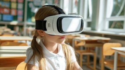 Elementary School Student Wearing Virtual Reality Headset in Class