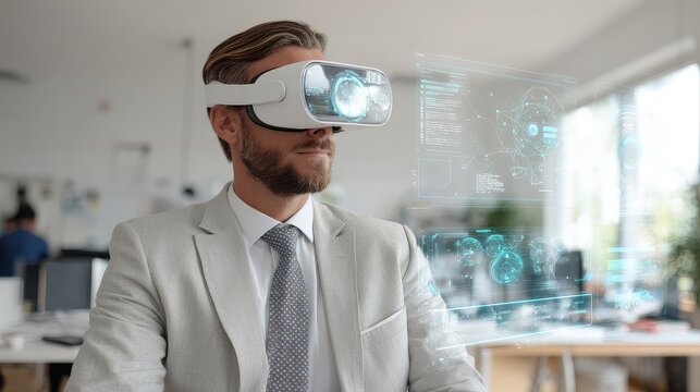 Businessman Using VR Headset with Holographic Interface in Office