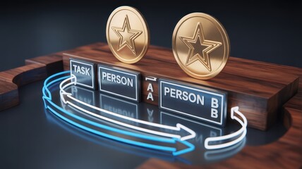 Task delegation process illustrated with personified icons.