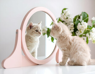 Kitten Gazing at Reflection in a Charming Pink Vanity Mirror