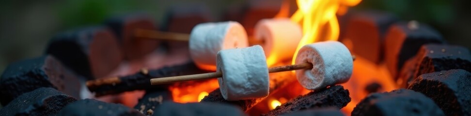 Grilling marshmallows, close-up view, firelight , celebration, bonfire