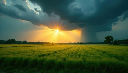 Heavy rain threatens sun-drenched field, dark clouds gather, rural landscape, green