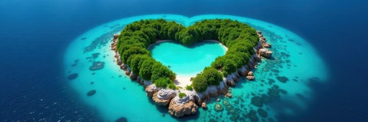 Heart-shaped isle, pristine beaches, vibrant coral reefs, beach, sea