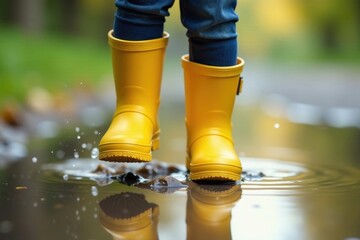 Little feet in bright yellow wellies leap over a puddle, outdoor, water activity
