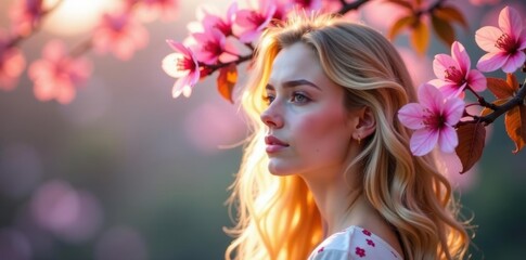 Long, curly blonde hair cascades beside a vibrant sakura branch , flowing hair, branch