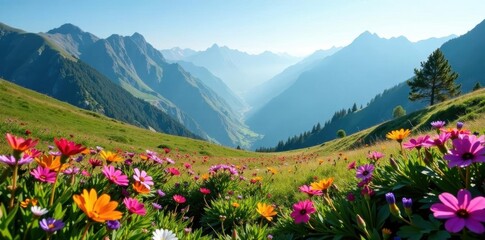 Misty peaks, colorful wildflowers carpet valley floor , tourism, mountain meadow