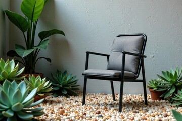 Modern metal chair amidst succulents & gravel, geometric, stone