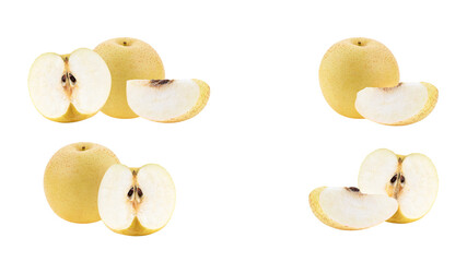 asian pears, whole and sliced, on transparent background.