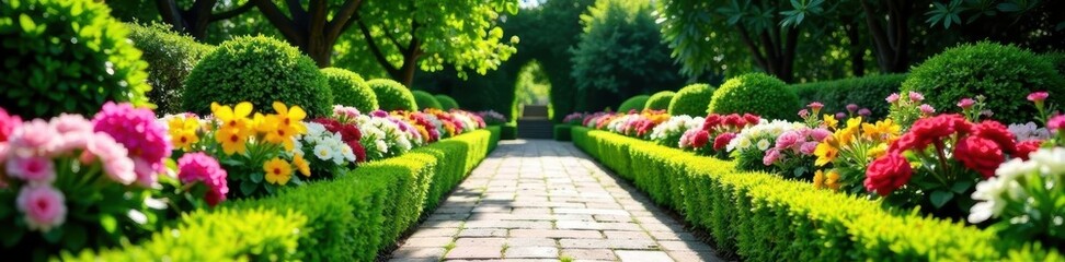 Neatly trimmed hedges, blooming flowerbeds, stone pathway , bed, flowerbed