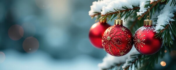Ornate red & gold glass baubles on snowy branch, decor, shiny