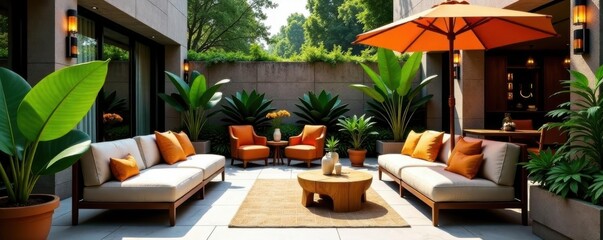 Outdoor lounge area featuring refined seating & natural elements, refined, view