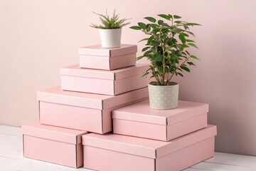 Elegant Pink Gift Boxes with Potted Plants a Stylish Home Decor Arrangement