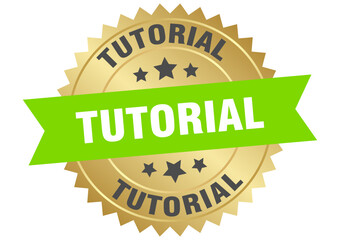 tutorial. tutorial round green and gold label isolated on transparent background