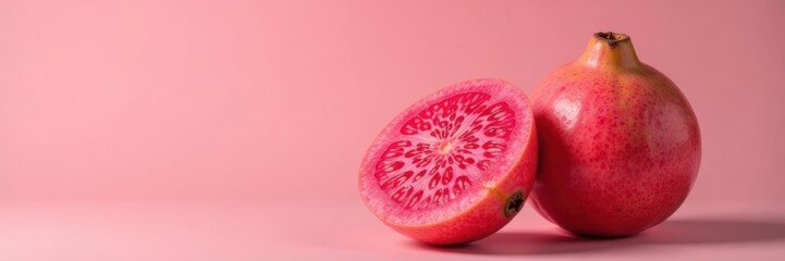 Pink guava, smooth skin, vibrant color, isolated , macro, white backdrop