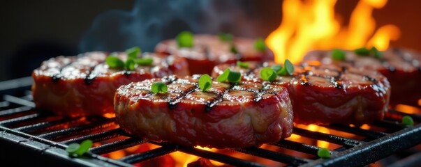 Perfectly grilled beef steaks, sizzling on hot grill, grill, tasty
